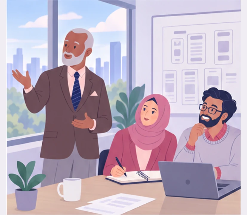 Samuel floats an idea during a meeting with Amira and Karim.