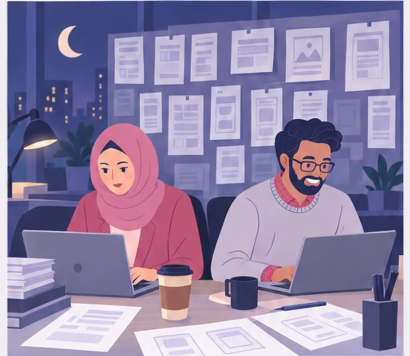 Amira and Karim work late on a new version of the product.