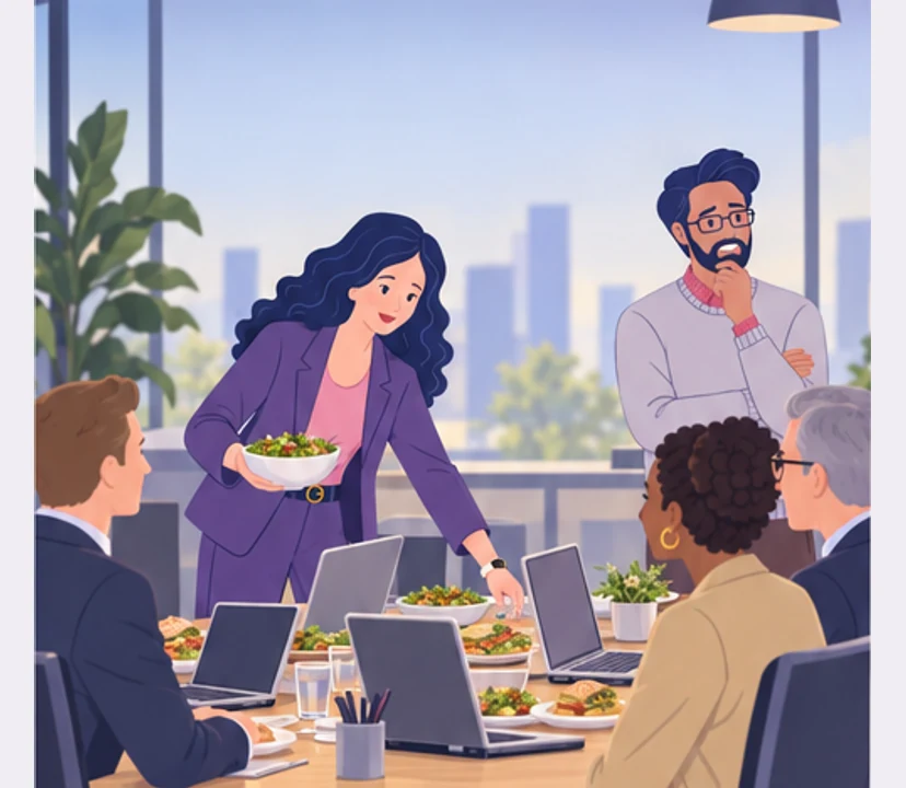 Zofia arranges lunch by the laptops to avoid taking the guests’ time.